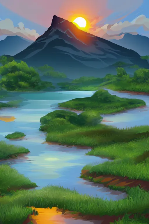 Prompt: sunrise mountain water vector illustration digital art by samuel smith trending on artstation