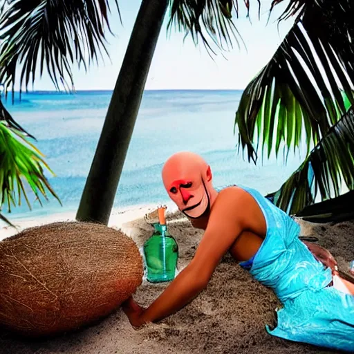 Image similar to nosferatu sunbathing on the beach and drinking from a fresh coconut, colorful photograph, beautiful day, professional