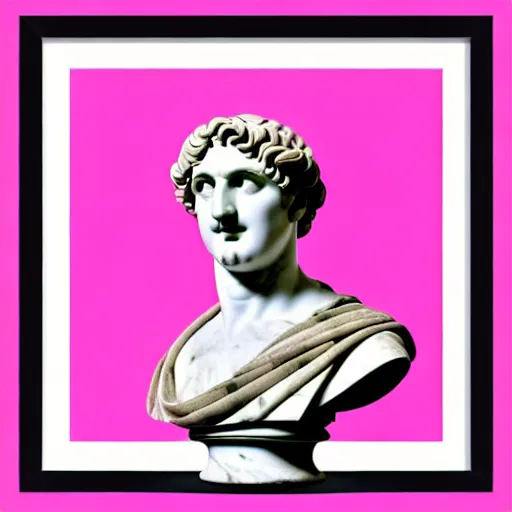 Image similar to a greco - roman marble bust sits on a pink and black checkerboard tile floor, a pink wall in the background with a framed photo of a cityscape at night