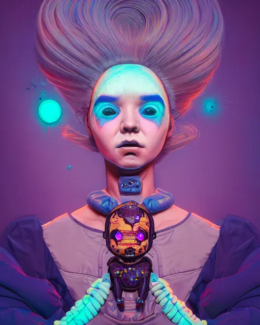 Image similar to portrait of a bioluminescent patchwork doll, highly detailed, digital painting, cinematic, hyper realism, dark retrowave, art by stanley lau and artgerm and james jean, victo ngai, david rubin, mike mignola, laurie greasley, artstation, octane render, cgsociety