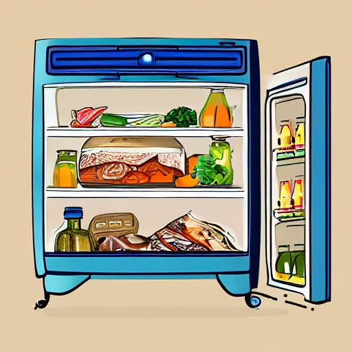 Image similar to cross - section illustration of a refrigerator interior stuffed with leftovers, highly detailed