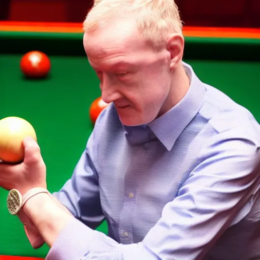 Prompt: snooker player Steve Davis potting an onion in the middle pocket of the snooker table with a snooker cue