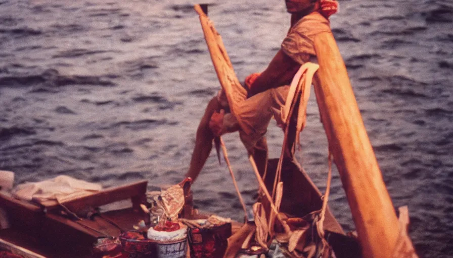 Prompt: 1 9 7 0 s movie still of a man in a barque in a stomach, cinestill 8 0 0 t