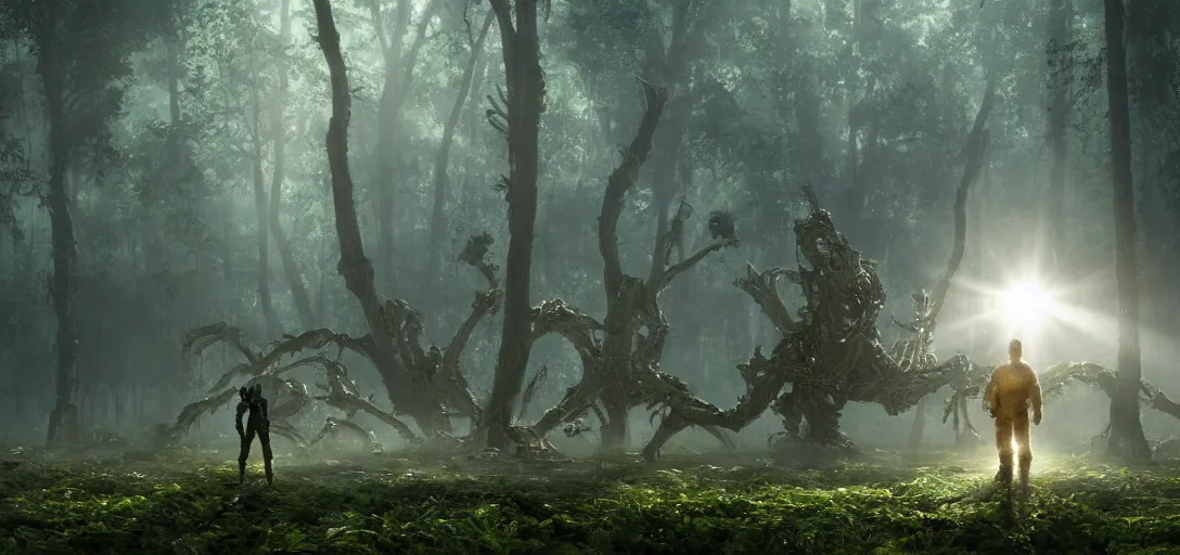 Prompt: a nasa astronaut visiting a complex organic fractal metallic symbiotic ceramic humanoid megastructure creature in a swampy lush forest, foggy, sun rays, cinematic shot, photo still from movie by denis villeneuve, wayne barlowe