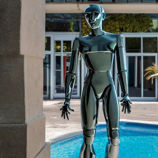 Prompt: a realistic detailed photo of a guy who is an attractive humanoid who is half robot and half humanoid, who is a male android, french actor cyril gossbo, shiny skin, posing like a statue, blank stare, by the pool, on display, showing off his muscles, humanoid robot, frozen ice statue