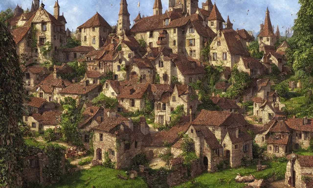 Prompt: beautiful medieval village with a few houses and farms, digital art by James Gurney and John Howe and Alan Lee