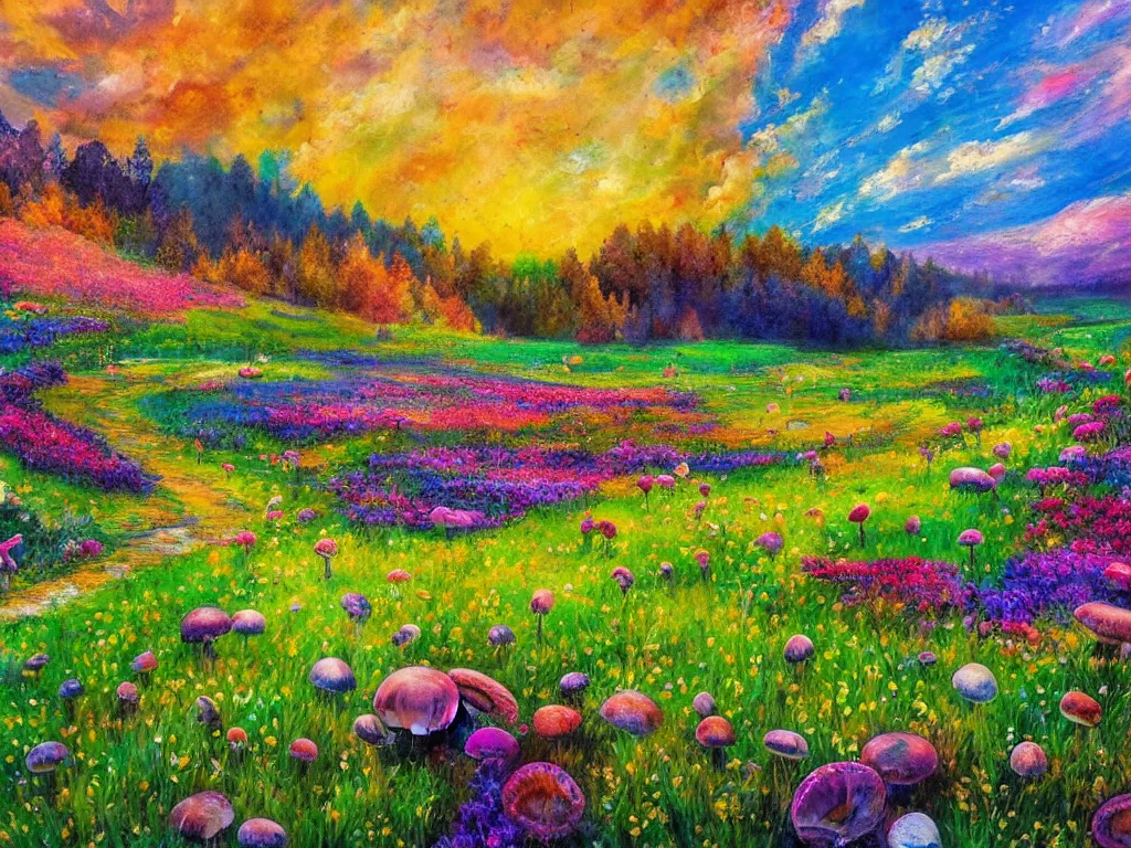 Image similar to an impressionist painting of a gorgeous meadow filled with colorful mushrooms with a stream flowing through it, psychedelic colors, colorful sky in background, high detail, trending on artstation