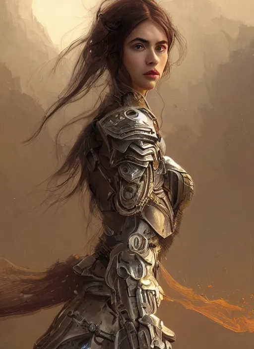 Image similar to a professional portrait of a beautiful young female, clothed in ethereal battle armor, olive skin, long dark hair, beautiful bone structure, symmetrical facial features, intricate, elegant, digital painting, concept art, smooth, sharp focus, finely detailed, illustration, from Valerian and the City of a Thousand Planets, in the style of Ruan Jia and Mandy Jurgens and Artgerm and Greg Rutkowski and William-Adolphe Bouguerea