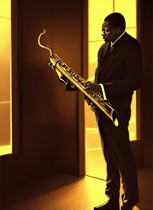 Prompt: john coltrane meeting mingus in a dark corner, intricate, elegant, highly detailed, digital painting, artstation, concept art, smooth, sharp focus, illustration, art by wlop, mars ravelo and greg rutkowski