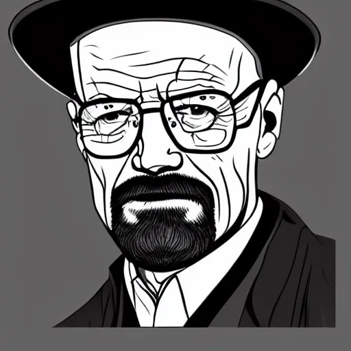 Prompt: Walter White with short pork pie black hat, accurate anatomy, highly detailed, digital art, centered, portrait, serious,