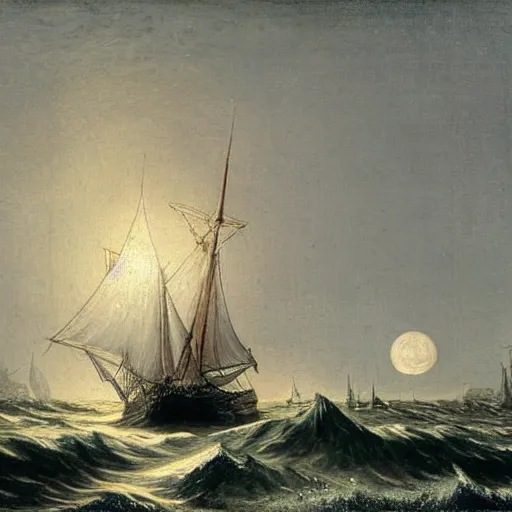 Prompt: british sailing sailing ship at sea, waves, wind, midnight, midnight, stars,, moon by jan van goyen