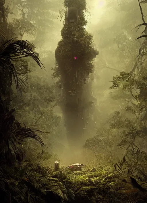 Image similar to aircraft carrier USS Nimitz overgrown with vegetation laying on the ground of a tropical forest, post appocalyptic, by Luis Royo, by Greg Rutkowski, dark, gritty, intricate, cover illustration, concept art, volumetric lighting, volumetric atmosphere, sharp focus, octane render, trending on artstation, 8k