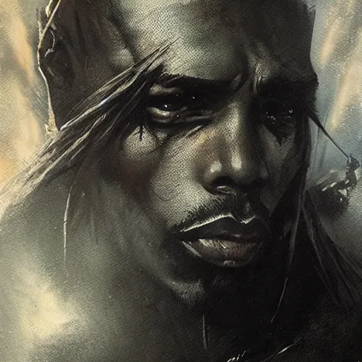 Prompt: 2 pac, darkwave, darksynth, concept headshot art, sharp, digital matte painting, art by luis royo, greg rutkowski, wlop, dramatic lighting, trending on artstation