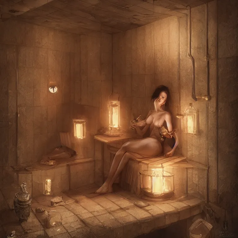 Image similar to muse in sauna, 3 d render, dark art, highly detailed, intricate, artgerm, greg rutkowski