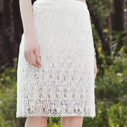 Image similar to antediluvian crystal atlantean hyperborean fashion lace skirt with natural floral motifs, young white - blonde model, sharp focus, outdoors, godrays, dramatic lighting