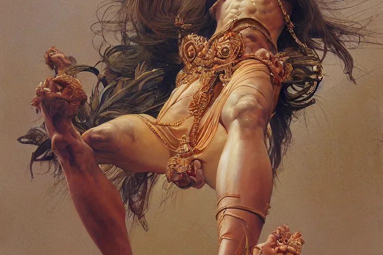 Prompt: award winning full body portrait of a beautiful ornated hanuman god, detailed face, horizontally leaping!!!, legs stretched!!! intricate, elegant, highly detailed, digital painting, artstation, concept art, smooth, sharp focus, digital illustration, art by krenz cushart and artem demura and alphonse mucha