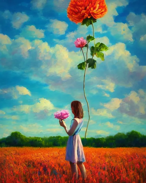 Image similar to girl with a giant carnation as face, surreal photography, flower field, sunset dramatic light, impressionist painting, colorful clouds, blue sky, digital painting, artstation, simon stalenhag