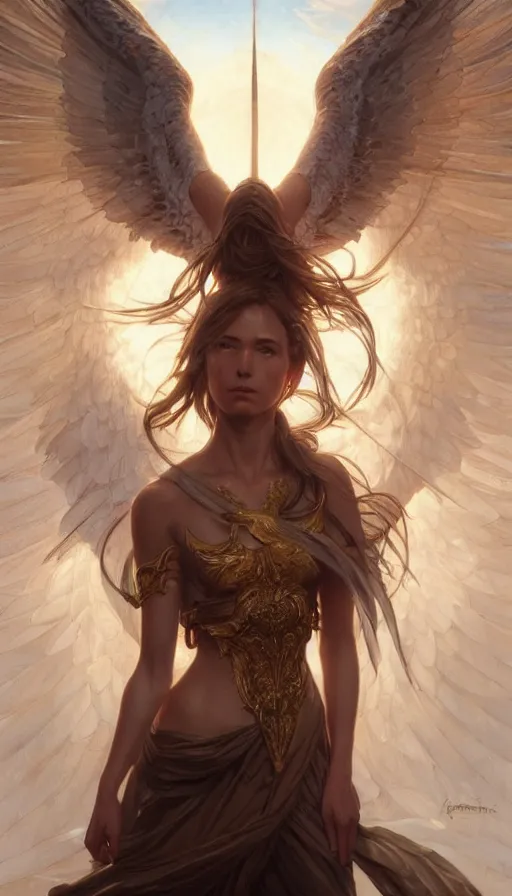 Image similar to seraphim, perfectly-centered-painting of the most beautiful women on the planet, sweaty, dynamic action pose, insane, intricate, highly detailed, digital painting, artstation, concept art, smooth, sharp focus, illustration, Unreal Engine 5, 8K, art by artgerm and greg rutkowski and alphonse mucha