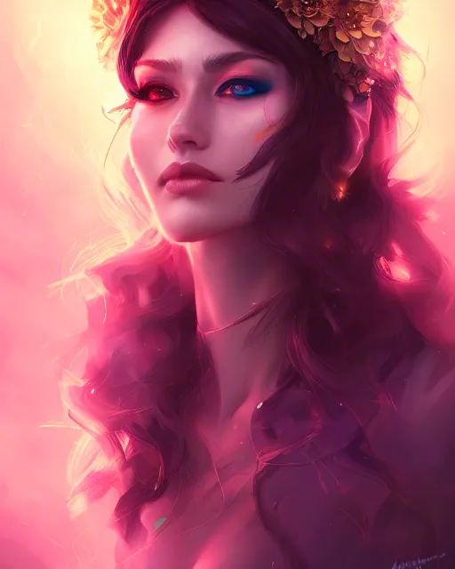 Prompt: portrait auburn princess of shadows and smoke, high cheekbones and fierce eyes, beautiful portrait, magical flower priestess, halo of light, artgerm, artstation, ross tran, photorealism