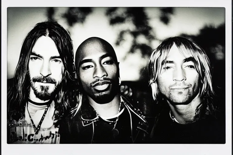 Image similar to Polaroid photograph of Kurt Cobain and Tupac Shakur, XF IQ4, 150MP, 50mm, F1.4, ISO 200, 1/160s, natural light, Adobe Lightroom, photolab, Affinity Photo, PhotoDirector 365,