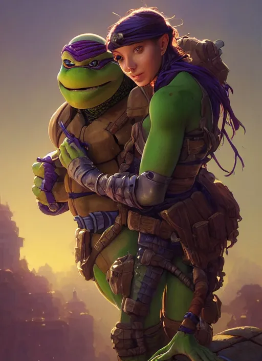 Prompt: highly detailed portrait of april o'neal and teenage mutant ninja turtle donatello, stephen bliss, unreal engine, fantasy art by greg rutkowski, loish, rhads, ferdinand knab, makoto shinkai and lois van baarle, ilya kuvshinov, rossdraws, tom bagshaw, alphonse mucha, global illumination, radiant light, detailed and intricate environment