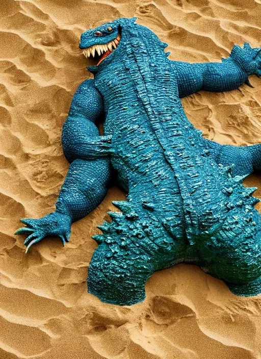 Prompt: godzilla as a banana on the sand of a beach