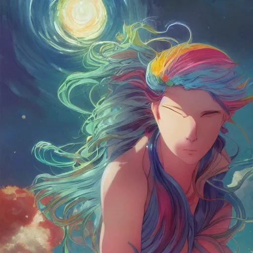 Image similar to a film still portrait of rainbow - haired goddess painting the earth, finely detailed features, closeup at the faces, perfect art, in space, gapmoe yandere grimdark, trending on pixiv fanbox, painted by greg rutkowski makoto shinkai takashi takeuchi studio ghibli, akihiko yoshida