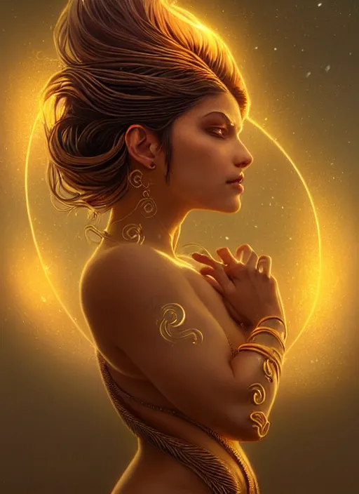 Image similar to a beautiful cinematic female sand goddess, glow golden tatto, galatic shamen with Quantum energy fantasy, fantasy magic, undercut hairstyle, dark light night, intricate, elegant, sharp focus, illustration, highly detailed, digital painting, concept art, matte, art by WLOP and Artgerm and Greg Rutkowski and Alphonse Mucha, masterpiece