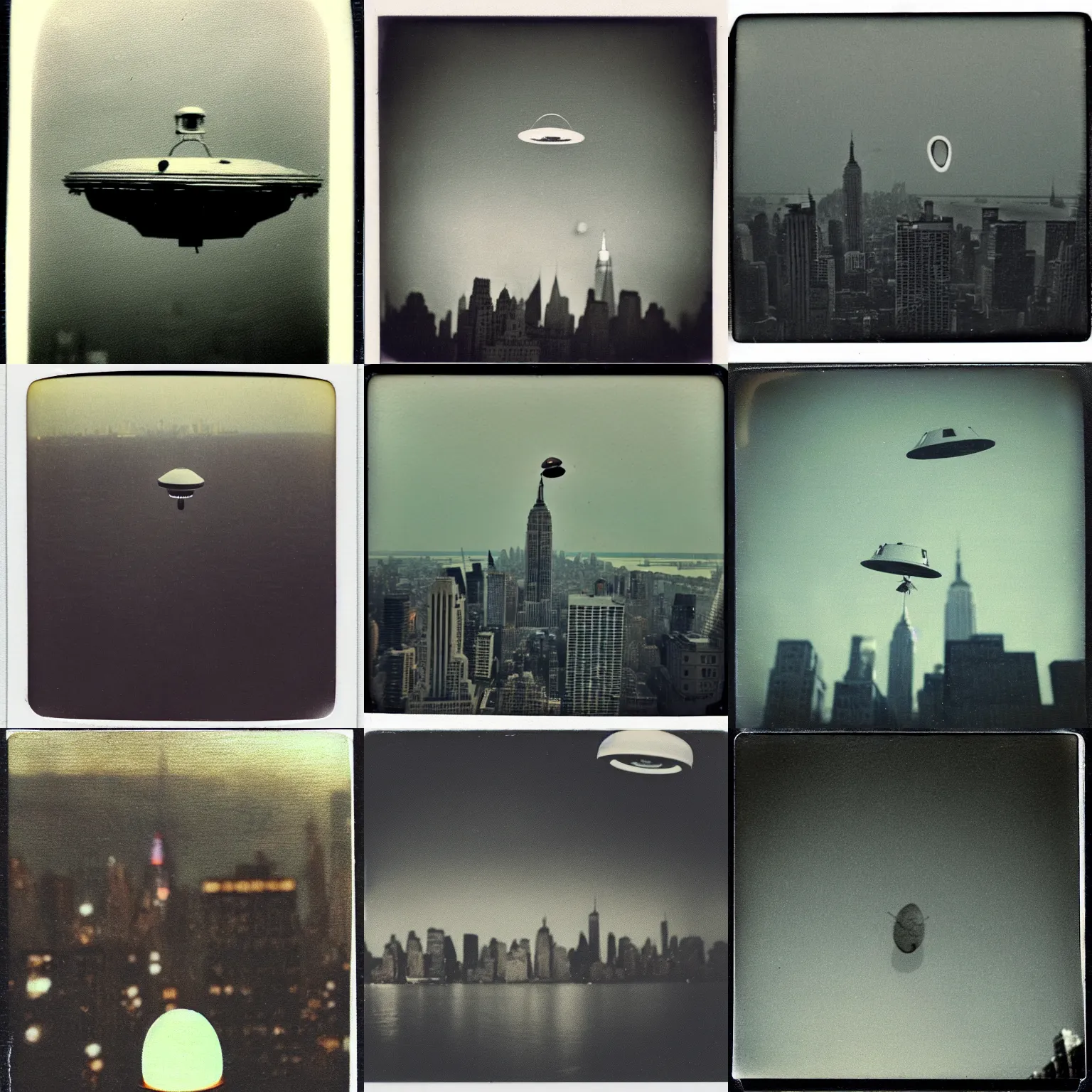 Prompt: an aged polaroid photo of a tiny ufo flying above new york city, gloomy, grainy