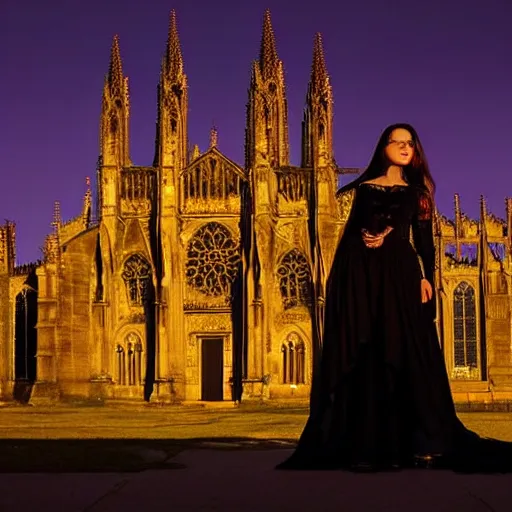 Prompt: gothic girl dressed in black, behind her a gothic cathedral, dramatic lights, dark ambients, the windows of the cathedral are reflecting red flame lights, golden hour, detailed face, intricate ornaments