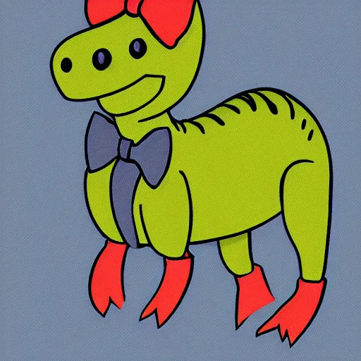 Image similar to cartoon of a T-Rex wearing a bow on its head