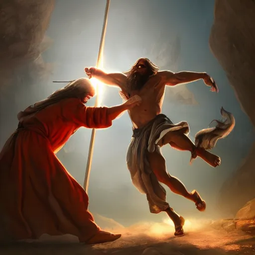 Image similar to Jesus fighting the devil, dynamic lighting, photorealistic concept art, trending on art station, stunning visuals, creative, cinematic, ultra detailed