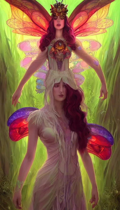 Image similar to a colorful and stunningly beautiful female faerie priestess in amanita muscaria forest landscape, symmetrical wings on back, neon hair, fantasy art, wearing a dress of gossamer gold, dark light night, sharp focus, digital painting, 4 k, concept art, art by charlie bowater and alphonse mucha, brom, face by otto schmidt