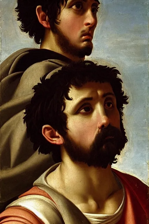 Image similar to renaissance painting of man, short black hair, pleading face, tears dripping from the eyes, emotions closeup, dressed in roman armour, ultra detailed, art by Guido Reni style, Vincenzo Catena style