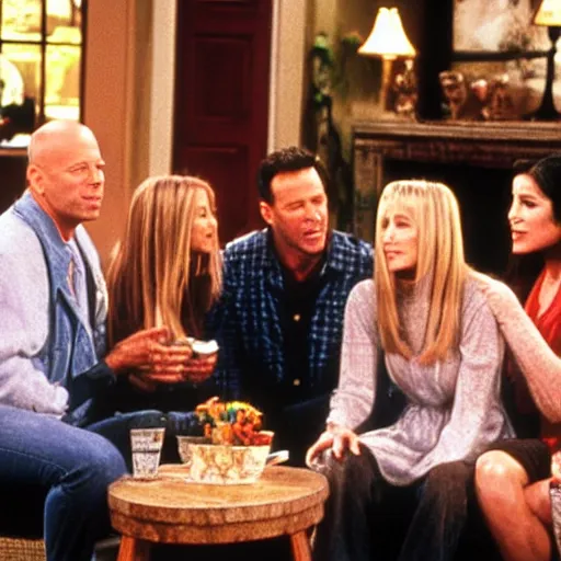 Prompt: bruce willis makes a guest appearance on friends in Monica's living room with all the friends in the room