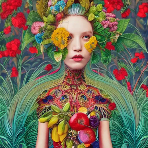 Prompt: pretty model with botanical and bright fruits : : by martine johanna and simon stalenhag and chie yoshii and casey weldon and wlop : : ornate, dynamic, particulate, rich colors, intricate, elegant, highly detailed, vogue, harper's bazaar art, fashion magazine, smooth, sharp focus, 8 k, octane render