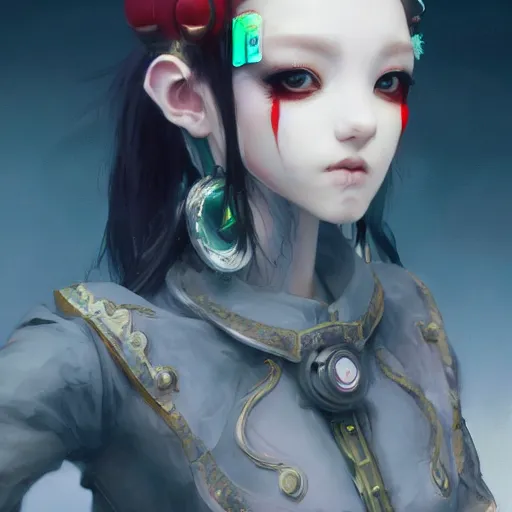 Image similar to matte painting, by yoshitaka amano, by ruan jia, by conrad roset, by good smile company, detailed anime 3d render of a 27yo female jester android, portrait, cgsociety, artstation, quirky mechanical costume and grand headpiece, surreal mystical atmosphere