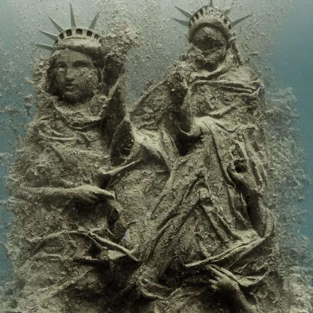 Image similar to underwater photograph of a bronze statue of liberty, partially buried with a sunken city