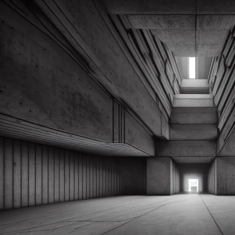 Image similar to Concrete huge dark-gray multi-layered underground structure with multiple floors and a cleft in the center. Inside view, straight lines, corners, high detailed, details, ultra realistic, photorealism, 8k, doorways, symmetrical, brutalism, ray of light, architecture, volumetric lighting, cinematic, shadows