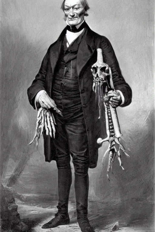 Image similar to photo of Sir Richard Owen holding moa bone in his hand in London 1851 , ultra realistic , sharp-focus , photo realism , with depth of field, symmetrical faces, rule of thirds , renderman , hd, ultra-hd,