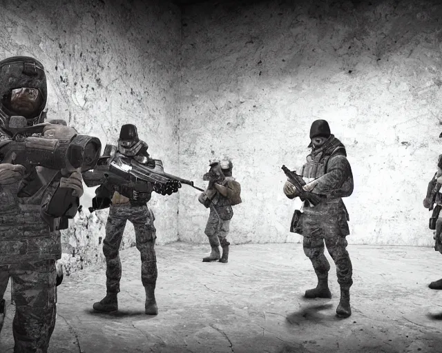 Prompt: CS:GO screenshot of a group of soldiers in an abandoned church, high exposure, dark, monochrome, camera, grainy, timestamp, zoomed in, game HUD, source engine footage, CS:GO screenshot, steam community, featured on IGN