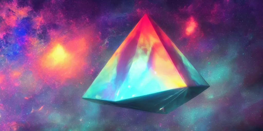 Prompt: a massive tetrahedron with glowing blue edges emitting exotic matter and faces an iridescent pitch black floating in deep space in front of deep space imagery, a digital painting, trending on Artstation, octane render, ultra detailed by artgerm