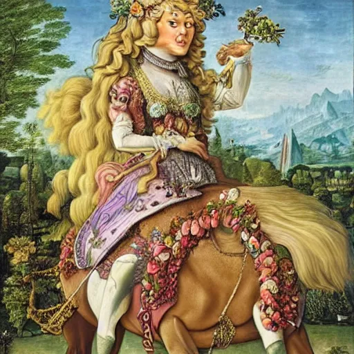 Prompt: a princess with extremely long blond hair from a cartoon riding a unicorn by arcimboldo