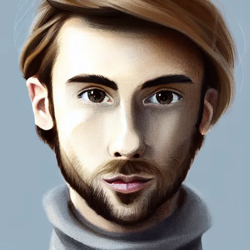 Image similar to gangly man with short blond brown wavy hair, blond brown stubble beard, no mustache, English heritage, grey eyes, middle aged, wearing a turtleneck and jacket, pale skin, narrow face, digital art, painterly, cartoon, cute, 8k, illustration, art by loish, painterly, trending on artstation, medium shot, uncropped