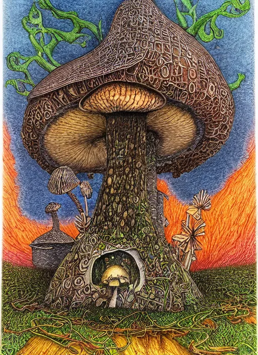 Prompt: a hybrid between a mushroom and a house,, insanely detailed, studio light, patrick woodroffe, colored pencil