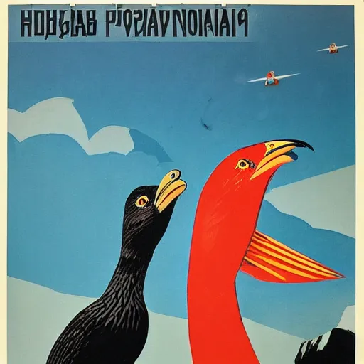 Image similar to soviet propaganda poster depicting a dromaius novaehollandiae in military uniform
