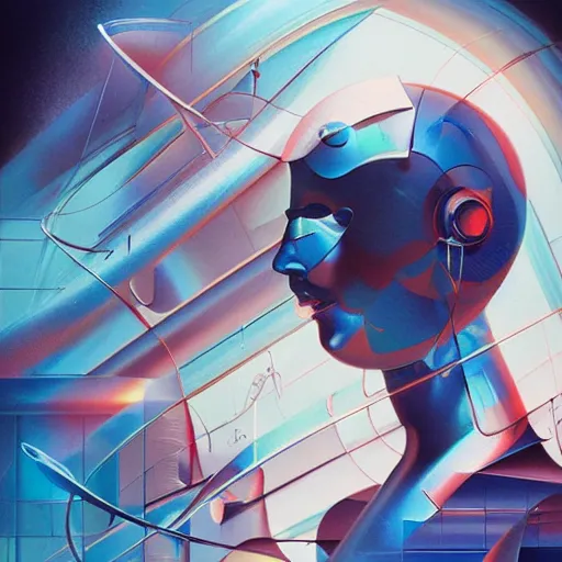 Image similar to scifi futurism automaton minimalism chrome by peter mohrbacher art Hajime Sorayama airbrush hyperrealism model abstract shatter fragments cubism futurism pastel blue soft flat minimal minimalism portrait face jackson pollock ukiyo-e lithograph mark ruthko swirl escape noise shimmer glow paint