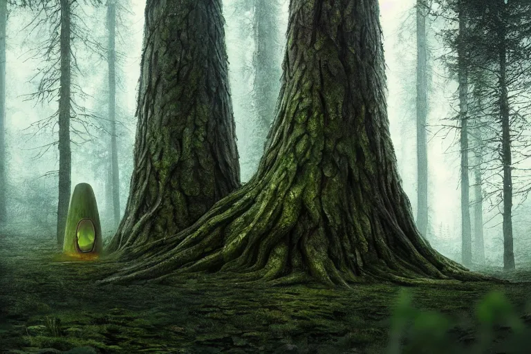 Image similar to ent monster tree in a swedish forest, very low angle photograph, very detailed, trending on artstation, realistic, soft colors, illustration by john bauer, simon stålenhag