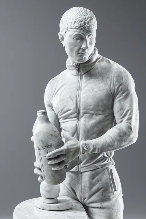 Image similar to marble sculpture of man in Adidas winter jacket, sportswear holding a marble vodka bottle, intricate sculpture, chiseled muscles, godlike, museum photo