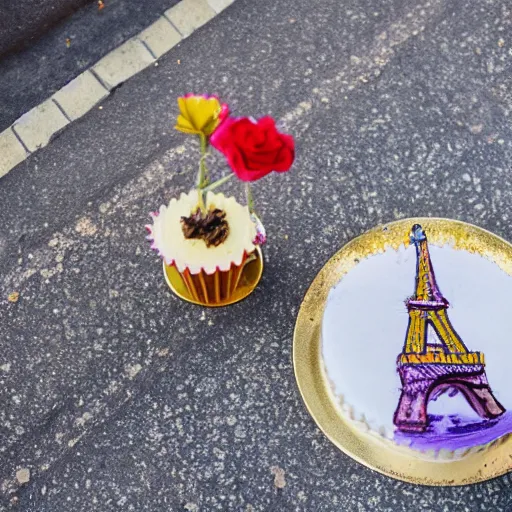 Prompt: a cake on a sidewalk in front of the eiffel tower